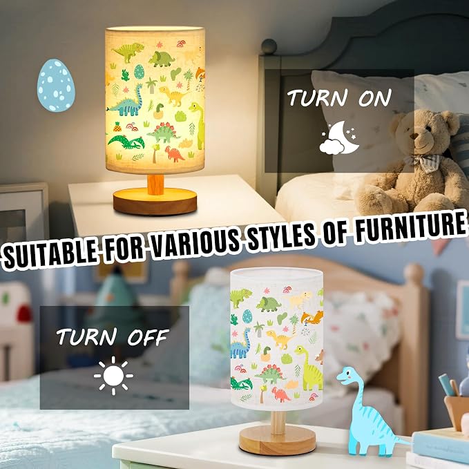 WSYEAR Bedside Table Lamp for Bedroom with Dinosaur Pattern Printed Shade 3-Way Dimmable Small Lamp with Wood Base for Living Room, Desk, Dorm, Home Office