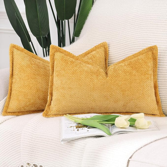 MADIZZ Decorative Chenille Velvet Throw Pillow Covers Set of 2 Soft Boho Textured Neutral Couch Throw Pillow for Bed Modern Farmhouse Home Decor for Sofa Livingroom Yellow 12x20 Inch