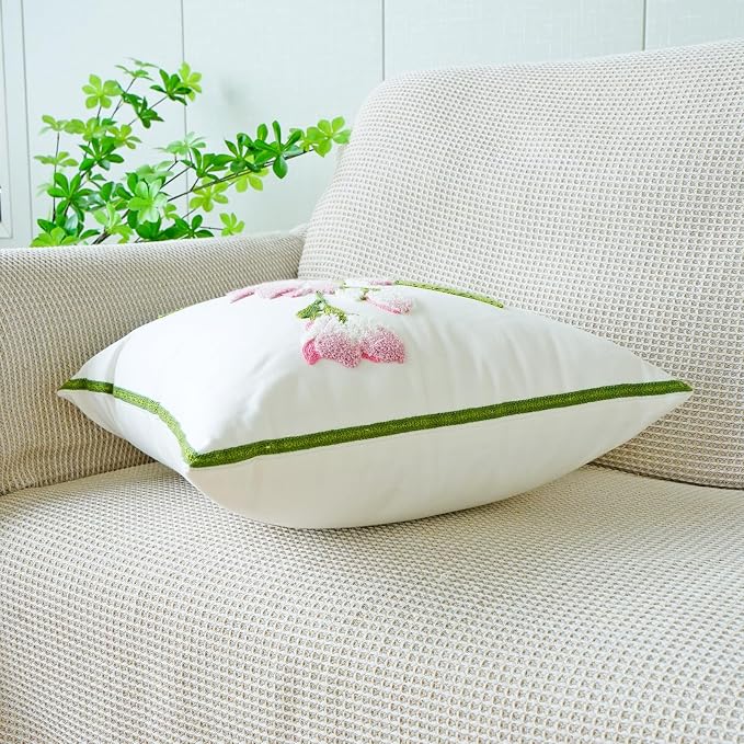 vctops Farmhouse Hibiscus Flowers Cotton Tufted Throw Pillow Cover Spring Floral Embroidery Pillowcase Soft Square Cushion Case for Sofa Couch Bed Chair (Pink F,18"x18")