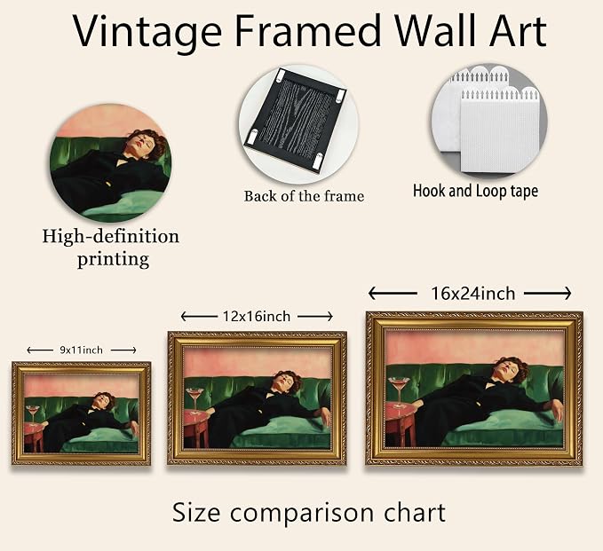 Vintage Gold Framed Bar Wall Art, Victorian Woman and Man on Couch with Martini Oil Painting Canvas Prints, Eclectic Cocktail Picture, Trendy Bar Cart Decor Poster Artwork for Kitchen Dining Room