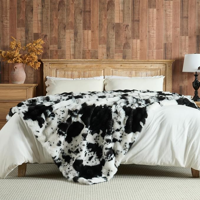 Lotus Karen Faux Fur Throw Blanket Cow Print-Black, Fluffy Fuzzy Plush Bubble Blanket for Couch, 60x50 Inches Cozy Shaggy Rabbit Blanket, Luxury Decorative Gifts for Sofa Bedroom Living Room.