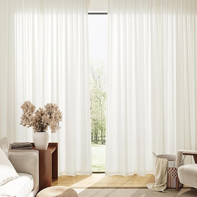 Extra Long Curtains 120 Inch Length for Bedroom 2 Panels Linen Back Tab Hook Belt Drapes Privacy Airy & Light Cream Natural Semi Sheer Linen Curtain for Large Window 10 FT Tall