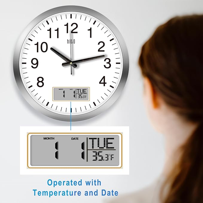 HITO 16 Inch Silent Wall Clock Battery Operated with Temperature and Date, Large Wall Clock for Living Room Decor, Office, Classroom, Bedroom