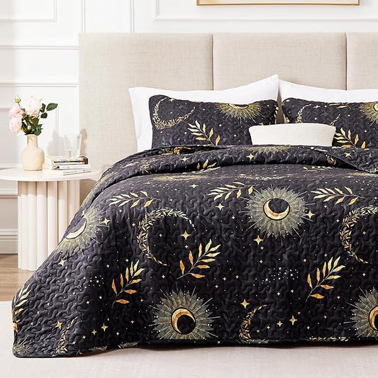 EXQ Home Quilt Set Full Queen Size Black Moon Print Coverlet | Bedding Set For All Season Use, Soft & Breathable Coverlet,3-Piece Set Includes 2 Shams, Machine Washable