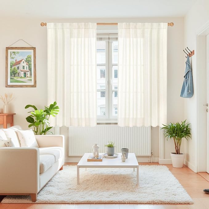 YoungsTex Ivory Linen Semi Sheer Curtains 45 Inch Length 2 Panels Set | Short Light Filtering Drapes with Rod Pocket Back Tab for Living Room Windows, 42 X 45 Inch