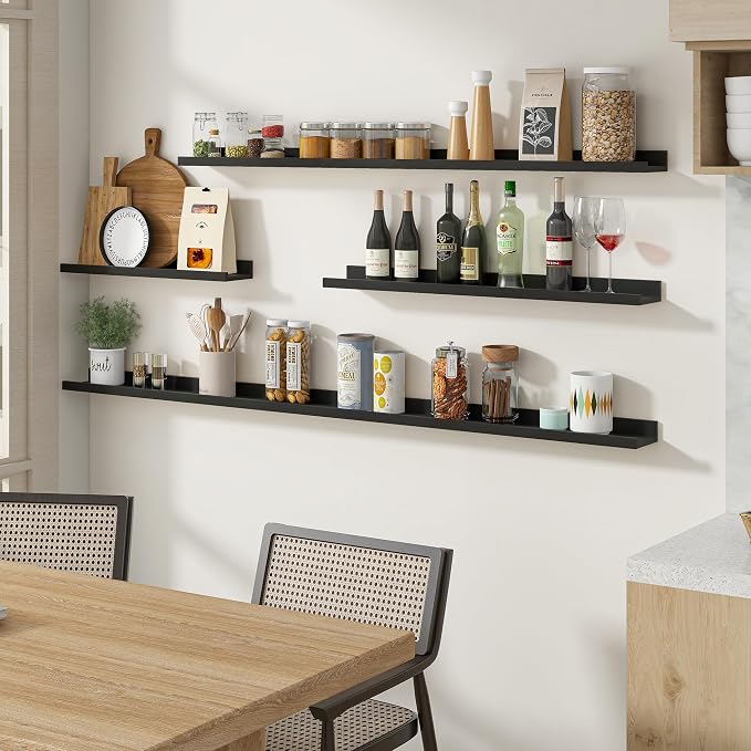 Acovy Floating Shelves for Wall, 36 inch Solid Wood Picture Ledge Shelf, Picture Shelf for Wall with Ledge, Floating Book Shelves for Living Room Bedroom Kitchen Nursery Decor, Black, Set of 2