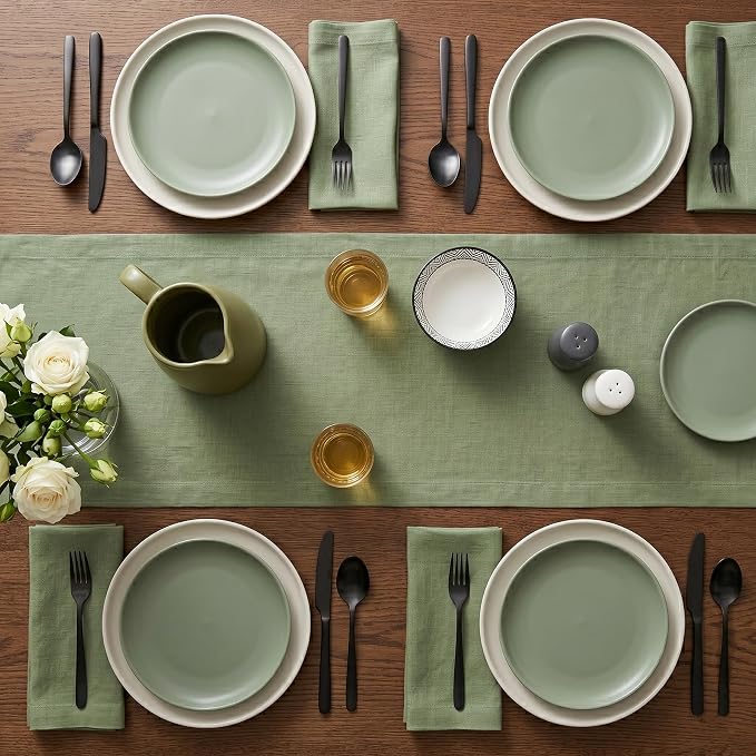 Solino Home 100% Pure Linen Table Runner Oil Green Long, Fete 14 x 90 in | brings a tailored look to family meals and hosting, European flax fibres, naturally breathable, Oil Green, OEKO-TEX Certified