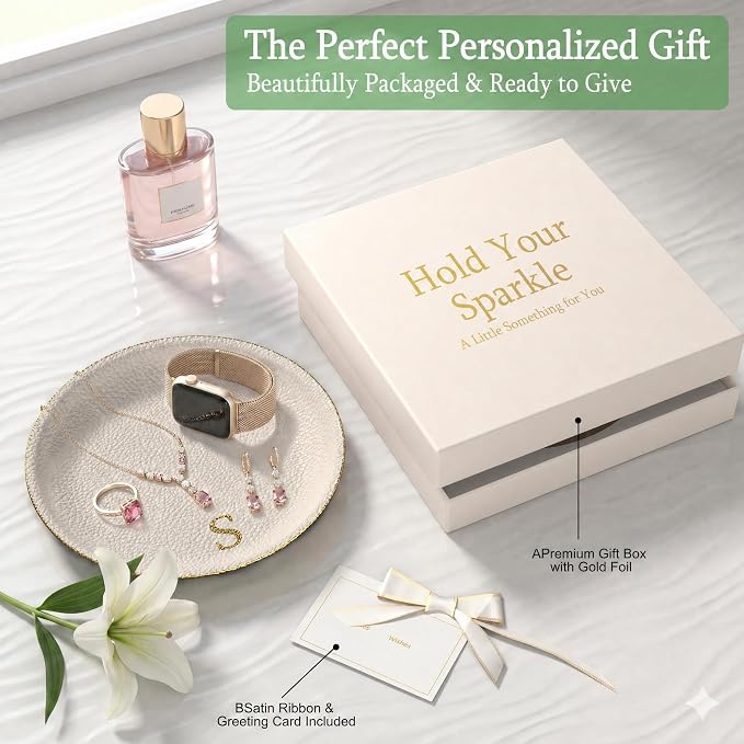Initial Jewelry Dish for Women, Shatterproof Vegan Leather Ring Holder with Stainless Steel Core, Personalized Monogram Trinket Tray, Birthday Bridesmaid Gift with Box (Cream Letter S)