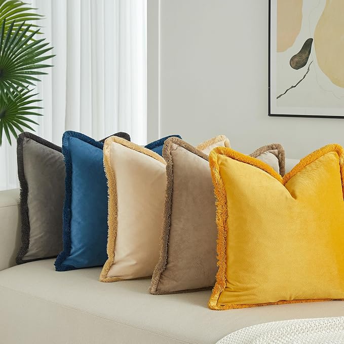 JUSPURBET Prussian Velvet Throw Pillow Covers 26x26 Inch Set of 2 with Soft Tassel Fringe Luxury Boho Pillowcase for Sofa Couch Bed Home Decor Machine Washable