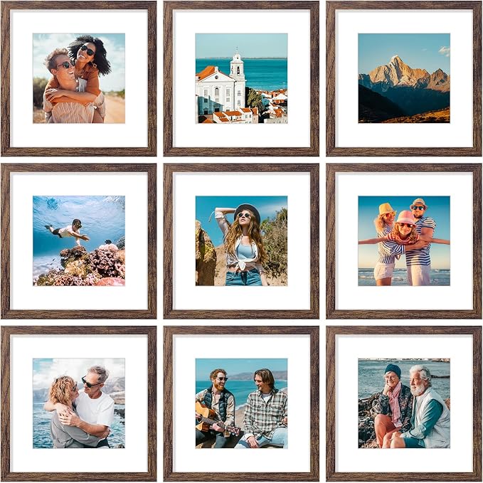 Vittanly 12x12 Picture Frames Set of 9, Shatter Resistant Plexiglass, Display 8x8 Pictures with Mat or 12x12 without Mat, Photo Frames for Wall Mount, Engineered Wood, Brown | Display Pictures 8x8 with Mat or 12x12 without Mat for Wall Mounting, Square...