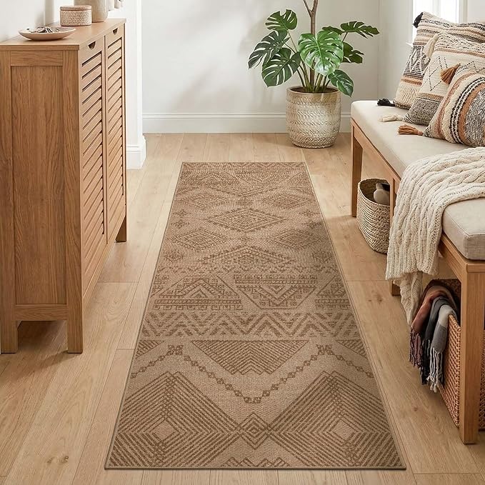 jinchan 2x6 Faux Jute Runner Rug Washable Boho Hallway Rug, Natural Taupe | Southwestern Geometric, Non-Slip Low Pile, Indoor Outdoor, High-Traffic, Kitchen, Bathroom, Laundry, Porch, Balcony, Entryway