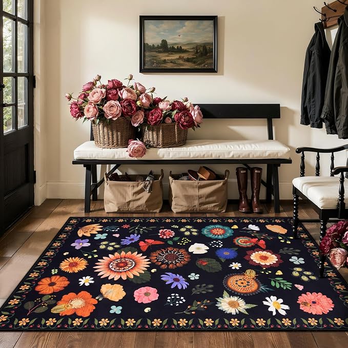 Ciicool 3x5 Area Rugs for Entryway，Floral Washable Rug for Living Room | Boho Indoor Kitchen Rug for Bedroom Bedside Laundry Office，Non Slip Low Pile Carpet