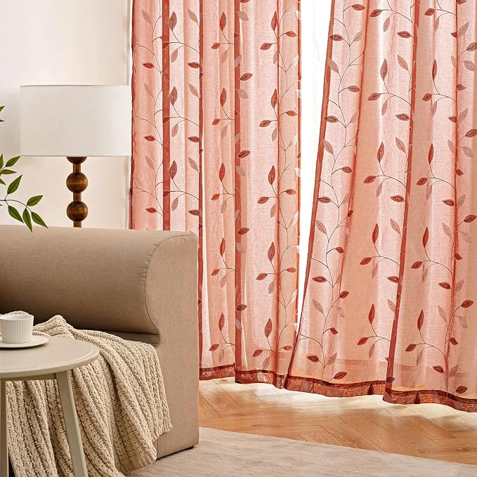 MIULEE Terracotta Sheer Fall Curtains 2 Panels Leaf Patterned, W52 x L45 | Embroidered Floral Semi Sheer,Rod Pocket,Faux Linen,Short Window Curtains Drapes Set for Kitchen/Bathroom/Cafe,Burnt Orange