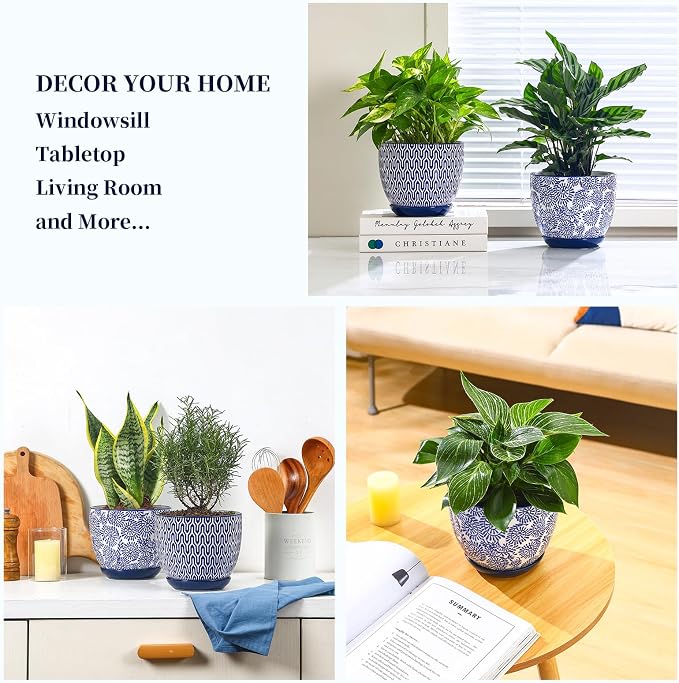 Selamica Ceramica Plant Pots, 6.5 Inch Flower Pots Set of 2 with Drainage Holes & Saucer, Planters for Indoor Plants, Home Decor, Vintage Blue