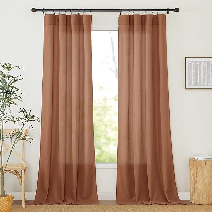 RYB HOME Linen Sheer Curtains 2 Panels for Living Room, Semi Transparent Privacy Drapes with Rod Pocket Farmhouse Style Window Treatments for Bedroom, Brunt Orange, 52" W x 90" L
