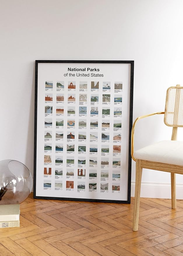 HAUS AND HUES National Parks Checklist Poster - 63 Illustrated Park Thumbnails Art Print - Vintage Style Print for Travelers, Nature Lovers, and Adventure Enthusiasts (Black Framed, 24x36)