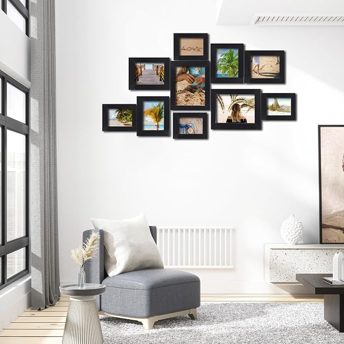 xnlkros Picture Frame Set 10 pack, Farmhouse Photo Frames, Gallery Wall Frame Collage, 8x10 5x7 4x6 Frames in 3 Different Finishes Picture Frames For Wall or Desk,Black