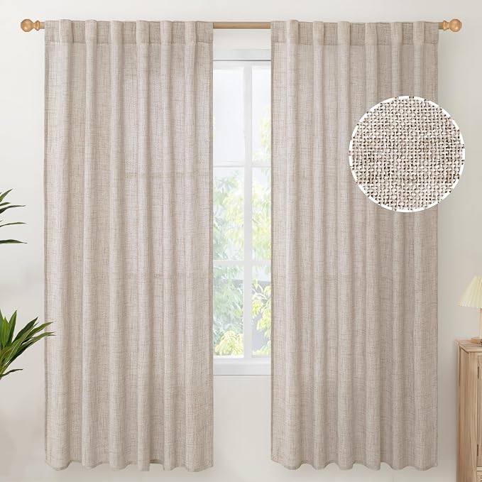 YoungsTex Linen Semi Sheer Curtains 72 Inch Length, Light Filtering Drapes | Beige Window Treatments with Rod Pocket Back Tab Rustic for Bedroom Dining Living Room, 2 Panels, 52 X 72 Inch