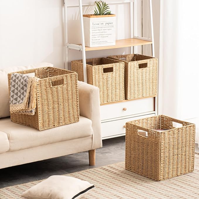 Foldable Storage Baskets with Handles Paper Rope Storage Baskets Rectangle Collapsible Hand Woven Storage Cubes Bins for Organizing Shelves Living Room Bedroom Pantry (4, 13'' x 13'' x 13'')