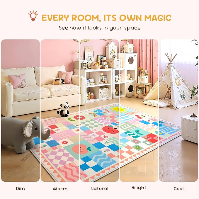 Washable Pink Area Rugs for Bedroom Girls, 3x4 Soft Checkered Playroom Carpet with Cute Sun & Rainbow Fruit Design, Non-Slip Decorative Floor Mat