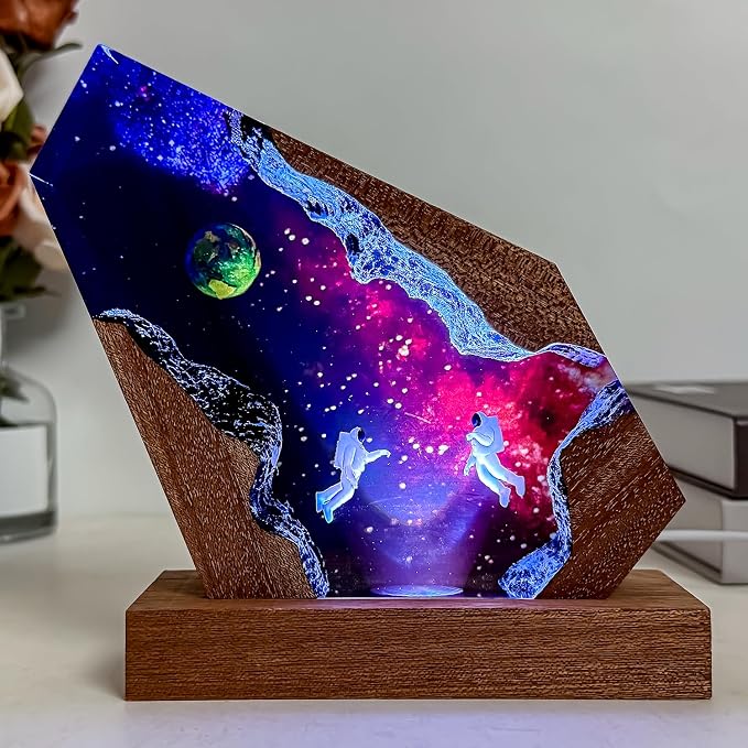 Handmade Galaxy Resin Lamp, 3D Cosmic Universe Lamp with Wooden Base