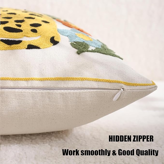 Embroidered Throw Pillow Covers 18x18 Pack of 2 Yellow Leopard Pillow Covers Green Leaves with Floral Pillowcases Boho Pillow Cushion Cases Square Flower Pillowcase Summer Home Decor