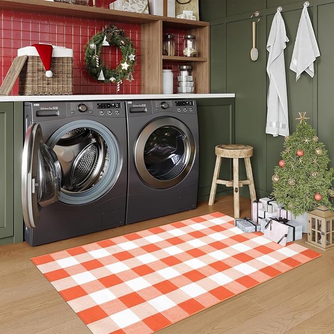 USTIDE Buffalo Plaid Outdoor Rug 3'x5' Orange White Washable Checkered Area Rug for Porch, Deck, Balcony, Camping, Farmhouse Outdoor Decor