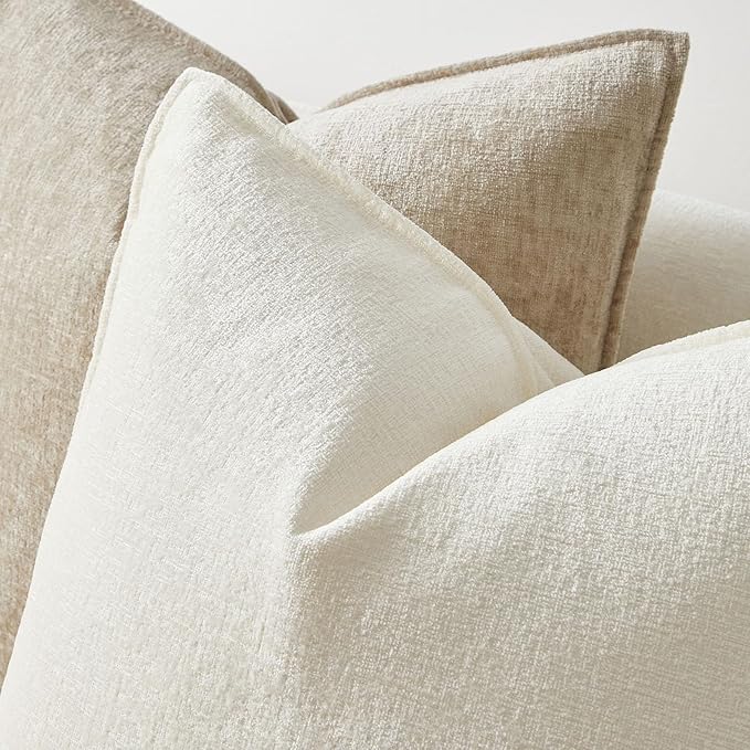 JUSPURBET 24x24 Chenille Decorative Throw Pillow Covers Set of 2,Cream | Cozy Soft Cushion Covers Case with Hidden Zipper for Couch Sofa Bed Home Decor Living Room