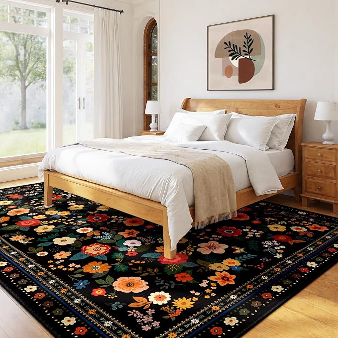 Washable Floral Area Rug for Living Room 8x10 Black | Non-Slip，Vacuum-Friendly, Low Pile, Flower Carpet for Bedroom Kitchen Entryway Dining Room Office Nursery