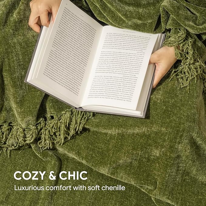 RECYCO Chenille Throw Blanket for Couch, 50"x60", Loden Green | Super Soft Knit Throw Blanket with Fringe Tassels, Lightweight Knitted Throw, Cozy, Ideal for Sofa Chair Bed Living Room Gift