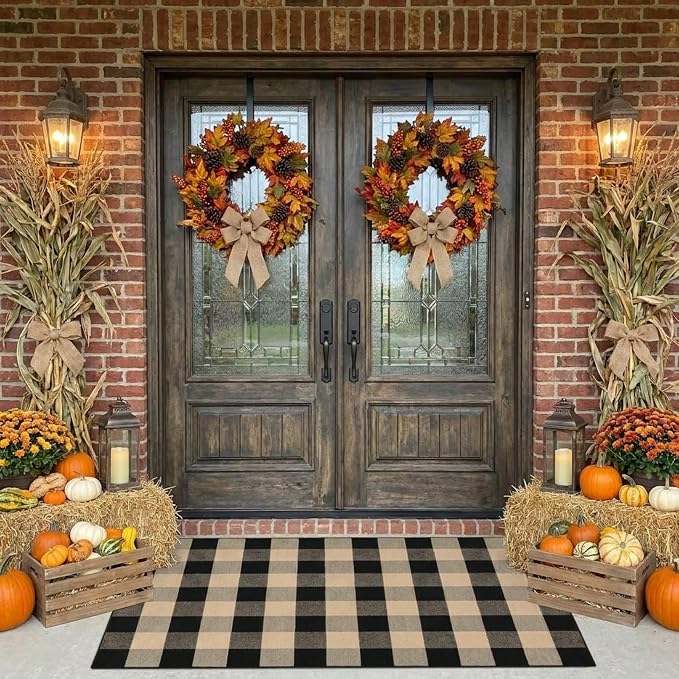 SEEKSEE Buffalo Plaid Outdoor Rug 3' x 5' Coffee and Black Front Door Mat, Layering Rug for Porch, Washable Doormat, Front Porch Rug for Outdoor Entrance Entryway Patio Porch Decor