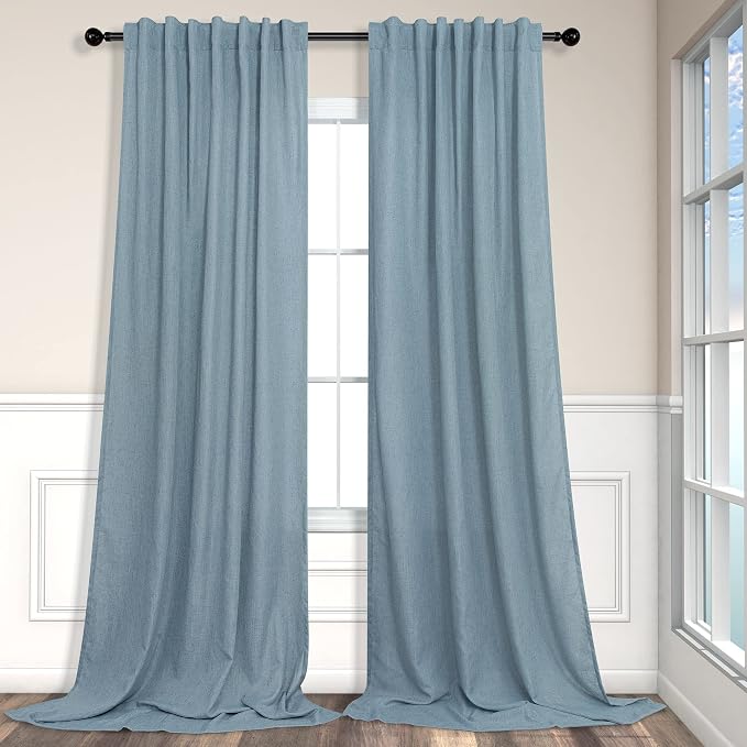 Extra Long Curtains for Living Room Patio Sliding Glass Door 120 Inch Length Linen Sheer Light Filter Curtains & Drapes for Villa Cottage Country House Back Tab Pocket 12 Feet 12ft 52x120 Stone Blue
