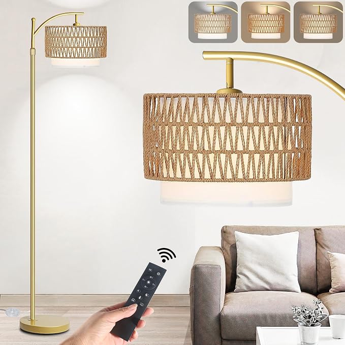 Yusist Arc Floor Lamp for Living Room,Gold Floor Lamps with Remote Control & Dimmable Bulb,Rattan Boho Tall Standing Lamp for Bedroom Office