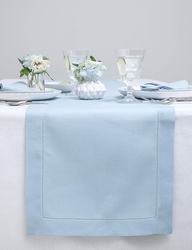 Solino Home 100% Pure Linen Table Runner Sky Blue Hemstitch, 14 x 72 in | Classic Hemstitch, a graceful centrepiece for dining and gatherings, hemstitched border, mitered corners, OEKO-TEX Certified