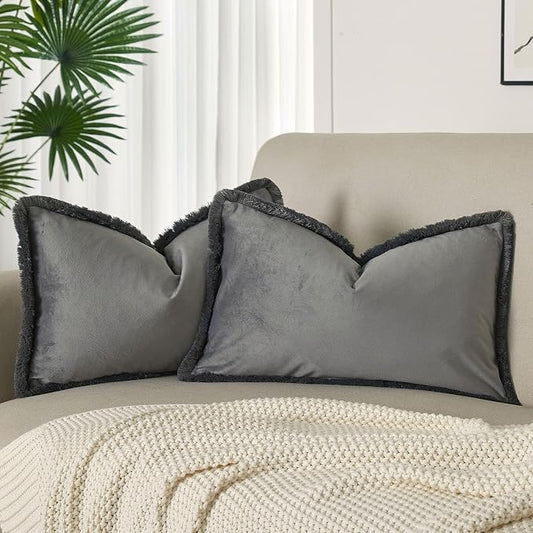 JUSPURBET Gray Decorative Velvet Fringe Throw Pillow Covers 16x24 Set of 2 Boho Soft Cushion Case for Home Decor Living Room Couch Sofa Bed
