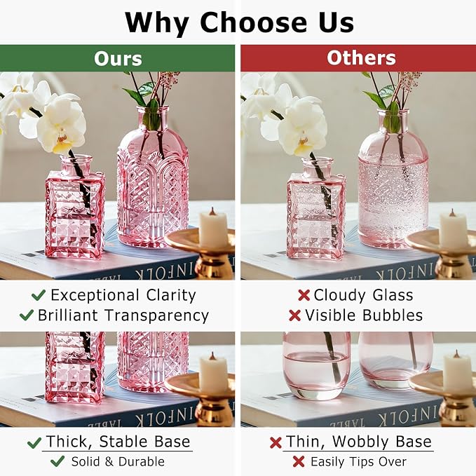 SUPMIND 16Pcs Pink Glass Bud Vases in Bulk for Wedding Table Centerpieces | Small Flower Vases Cute Mini Vintage Vase Set for Wedding, Home Decor, Table Decoration