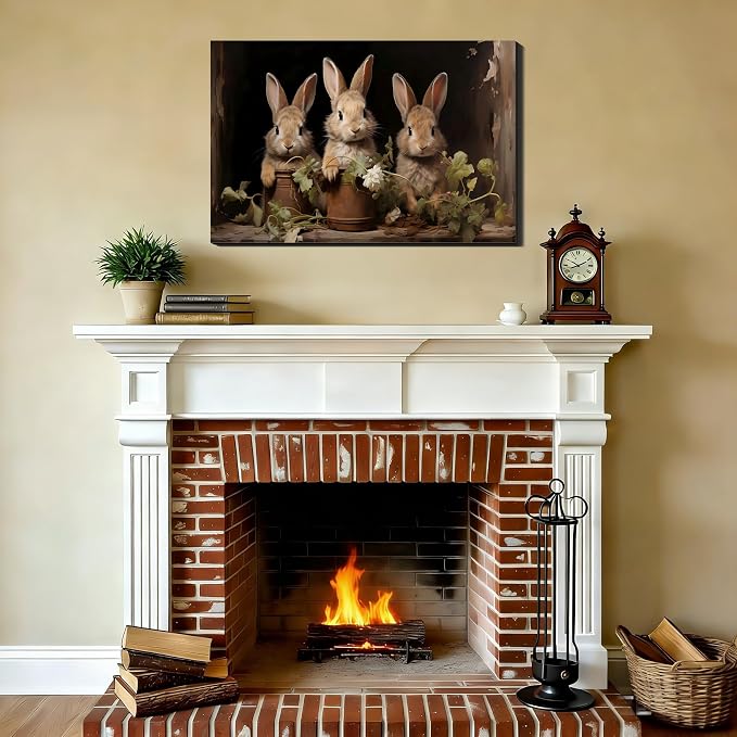 Large Farmhouse Easter Bunny & Floral Canvas Art 20x30, Rustic Rabbit Poster Prints Wall Decor for Bathroom, Home Office, Bedroom, Spring Bunny Wall Art Holiday Decoration