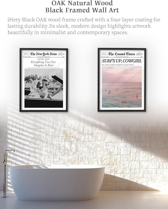 iHery 16x20in Everything You Can Imagine Is Real Framed Newspaper Art | Premium Black Natural OAK Wood Frame with Canvas Print, Vintage Girls Decor for Bedroom, Living Room, Dorm 1Pack