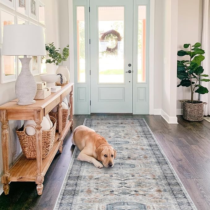 RUUGME Washable Runner Rug 2.6'x12' - Vintage Kitchen Area Rug Stain Resistant Rugs for Living Room Bedroom Laundry Room Mat Distressed Rug Hallway Floor Carpet Runner for Bathroom(Grey/Blue)