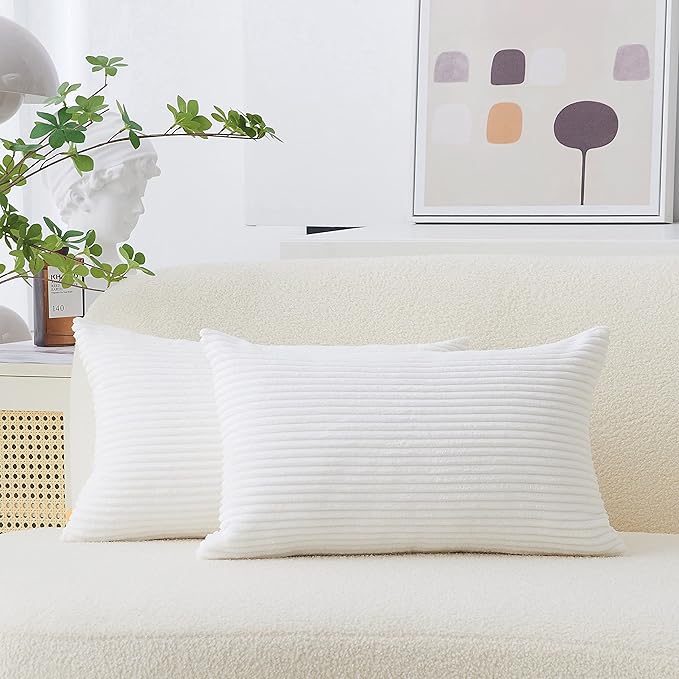 Home Brilliant Rectangle Pillow Covers 12x20 inch Striped Corduroy Solid Cushion Covers Oblong Pillowcases for Sofa Kids Toddler, 12 x 20 inch, Creamy White