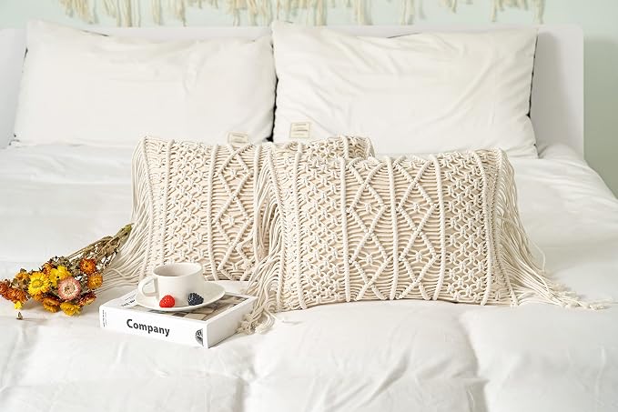Macrame Lumbar Pillow Cover-Set of 2 with Tassels Rectangualr Cushion Covers Boho Throw Pillow Cover for Couch, Sofa, Bed, Farmhouse, Chair, Dining, Patio, Outdoor, car (B)