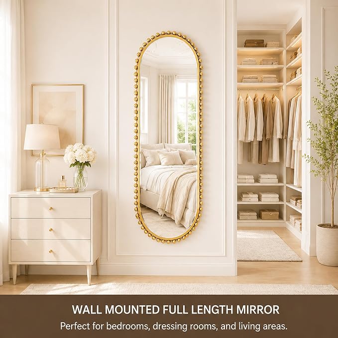 20"x53" Oval Full Length Wall Mirror, Unique Bold Beaded Frame | Antique gold long oval mirror, vertical or horizontal hanging for dressing room, bathroom, entryway, bedroom, living room