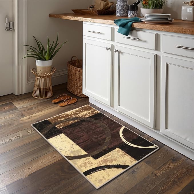Yamaziot 2x3 Washable Modern Abstract Area Rug Non-Slip Entryway Rug | Stain Resistant Kitchen Rug with Rubber Backing, Low Pile, Ultra Soft Carpet Rug for Bedroom, Laundry, Entryway, Brown