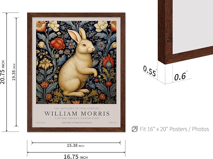 Poster Master William Morris Poster - White Rabbit Print - Flower Art - Animal Artwork - Floral Design - Bunny Illustration - Great Office or Bedroom Decor - 16x20 Brown Framed