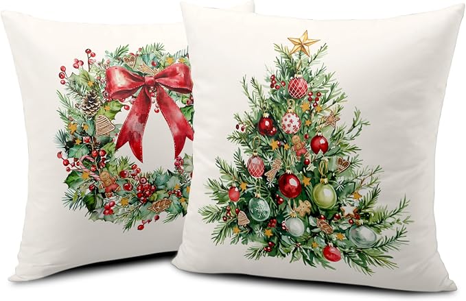 Set of 2 Christmas Tree Pillow Covers Xmas Wreath Throw Pillow Covers Red and Green Decorative Pillow Case 24x24 Winter Holiday Cushion Case for Home Decor Couch Sofa
