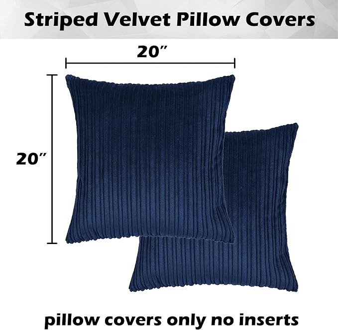 Kevin Textile Striped Corduroy 20”x20” Pillow Covers 2 Pack, Navy Blue
