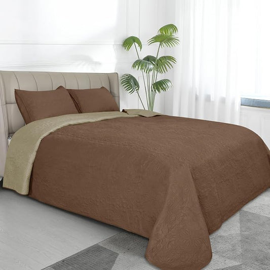 Easy-Going Reversible Quilt Set Full/Queen, Bedspread with 2 Shams | Damask-Brown/Beige, Lightweight Bed Comforter, 1 Quilt + 2 Pillow Shams, All-Season Coverlets for Bedroom