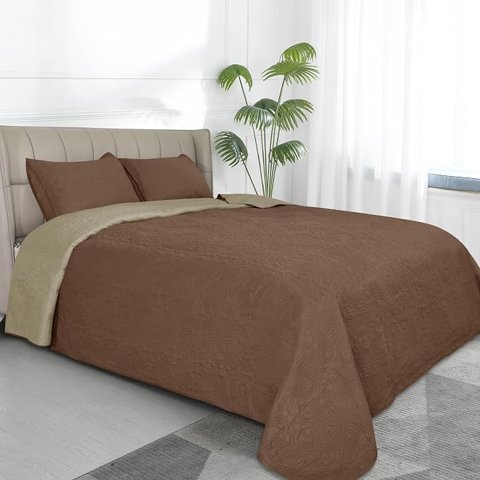 Easy-Going Reversible Quilt Set Twin, Bedspread with 1 Shams | Damask-Brown/Beige, Lightweight Microfiber Bed Comforter, 1 Quilt + 1 Pillow Shams, All-Season Coverlets for Bedroom