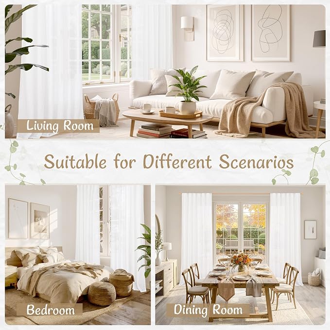 White Linen Sheer Curtains 96 Inches Long 2 Panels Set, 52 x 96 Inch | Light Filtering, Floor to Ceiling, Curtains for Living Room, Bedroom, Sliding Glass Door, Long, Back Tab Rod Pocket Panels