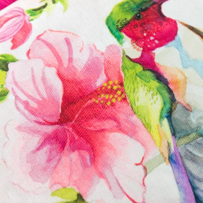 JWH Hot Pink Flower Print Pillow Cover Decorative Love Birds Accent Cushion Lumbar Pillowcase with Hummingbirds and Fringe for Home Couch Car Bed Living Room Chair 14x20 Inches Beige